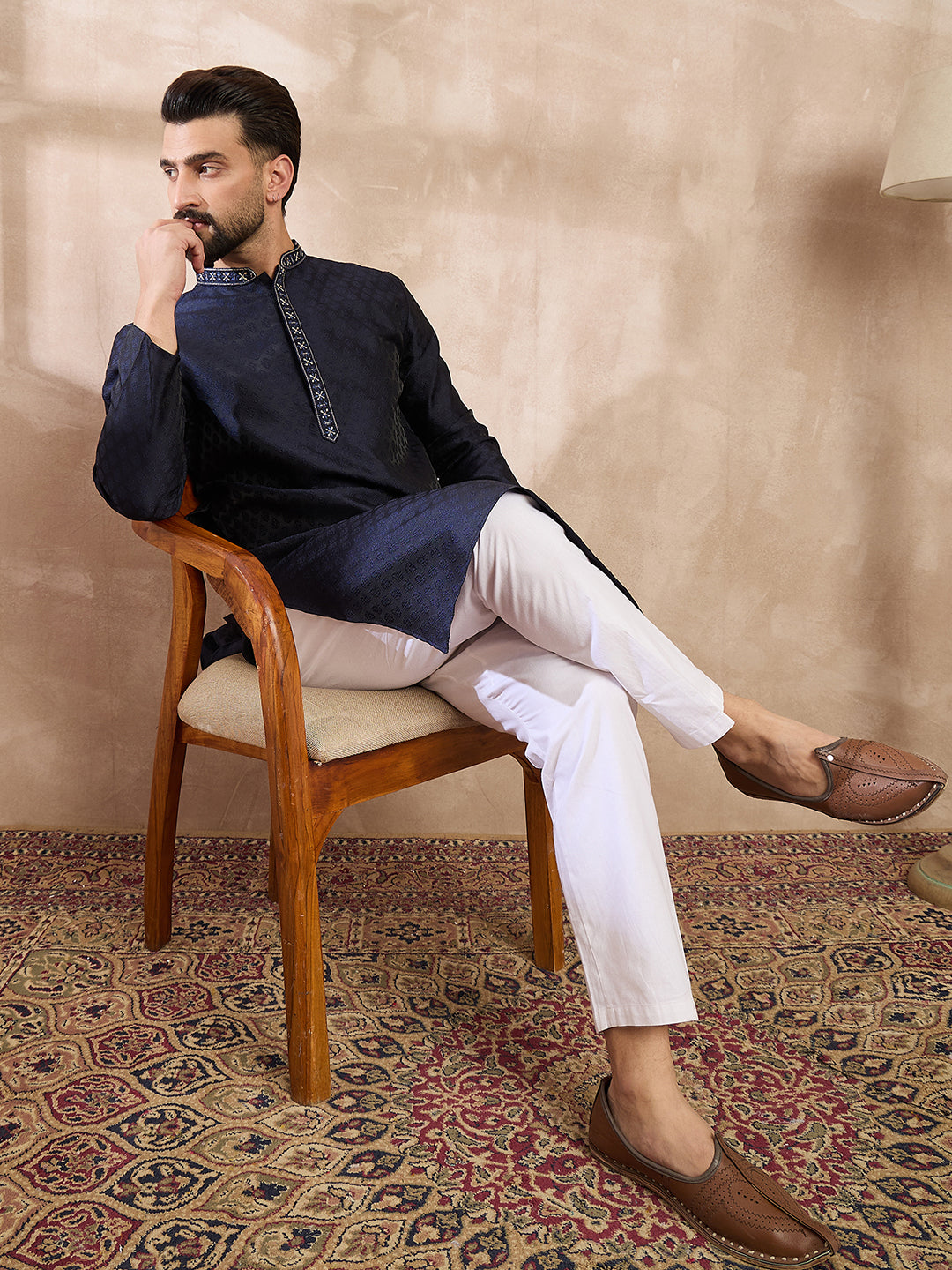 Men Navy Blue Silk Blend Solid Woven Design Straight Kurta With Trouser-MKSET1853