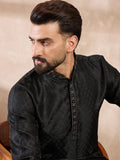 Men Black Silk Blend Solid Woven Design Straight Kurta With Trouser-MKSET1854