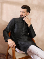 Men Black Silk Blend Solid Woven Design Straight Kurta With Trouser-MKSET1854