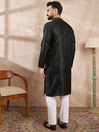 Men Black Silk Blend Solid Woven Design Straight Kurta With Trouser-MKSET1854