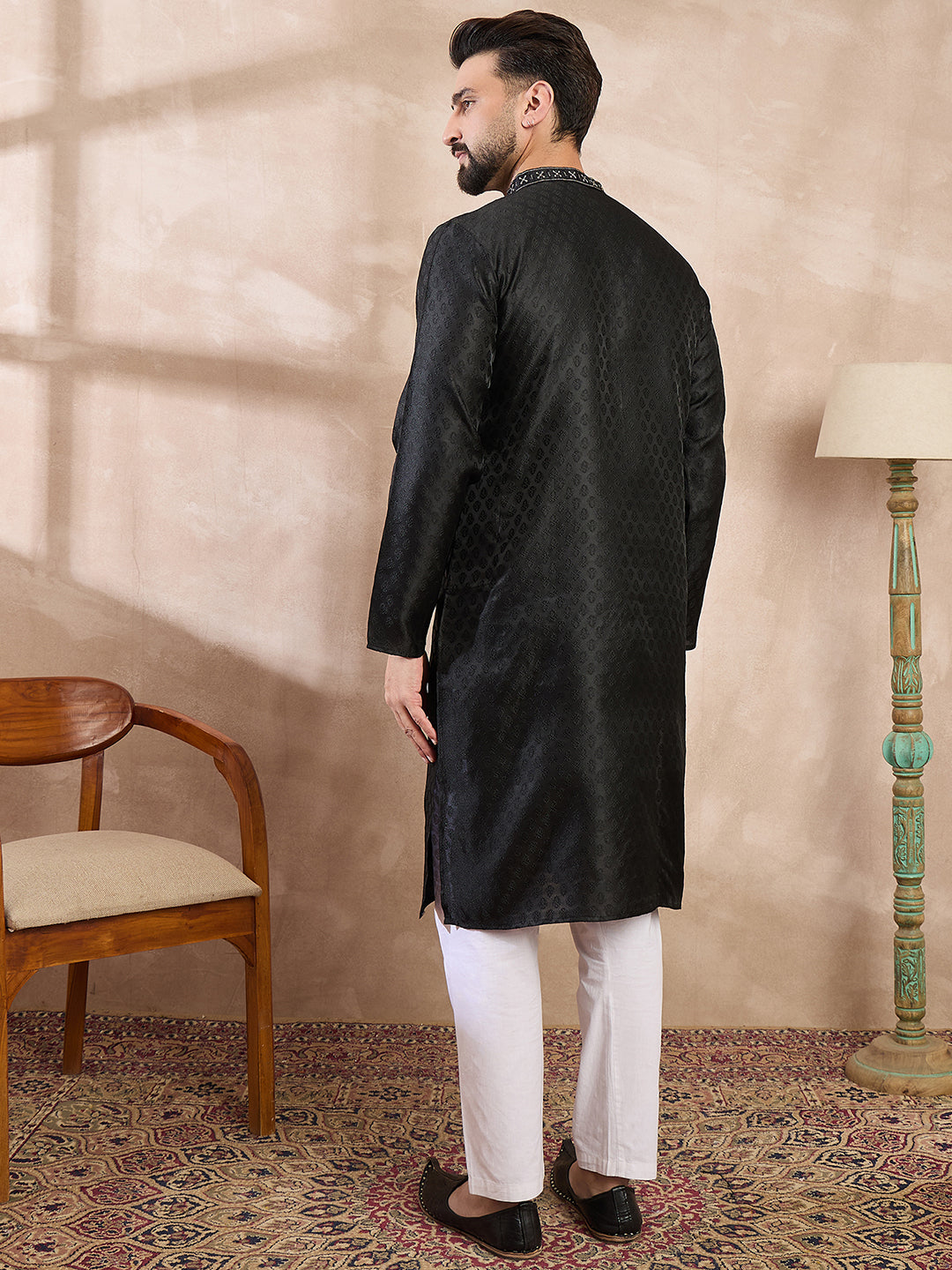 Men Black Silk Blend Solid Woven Design Straight Kurta With Trouser-MKSET1854