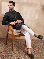 Men Black Silk Blend Solid Woven Design Straight Kurta With Trouser-MKSET1854