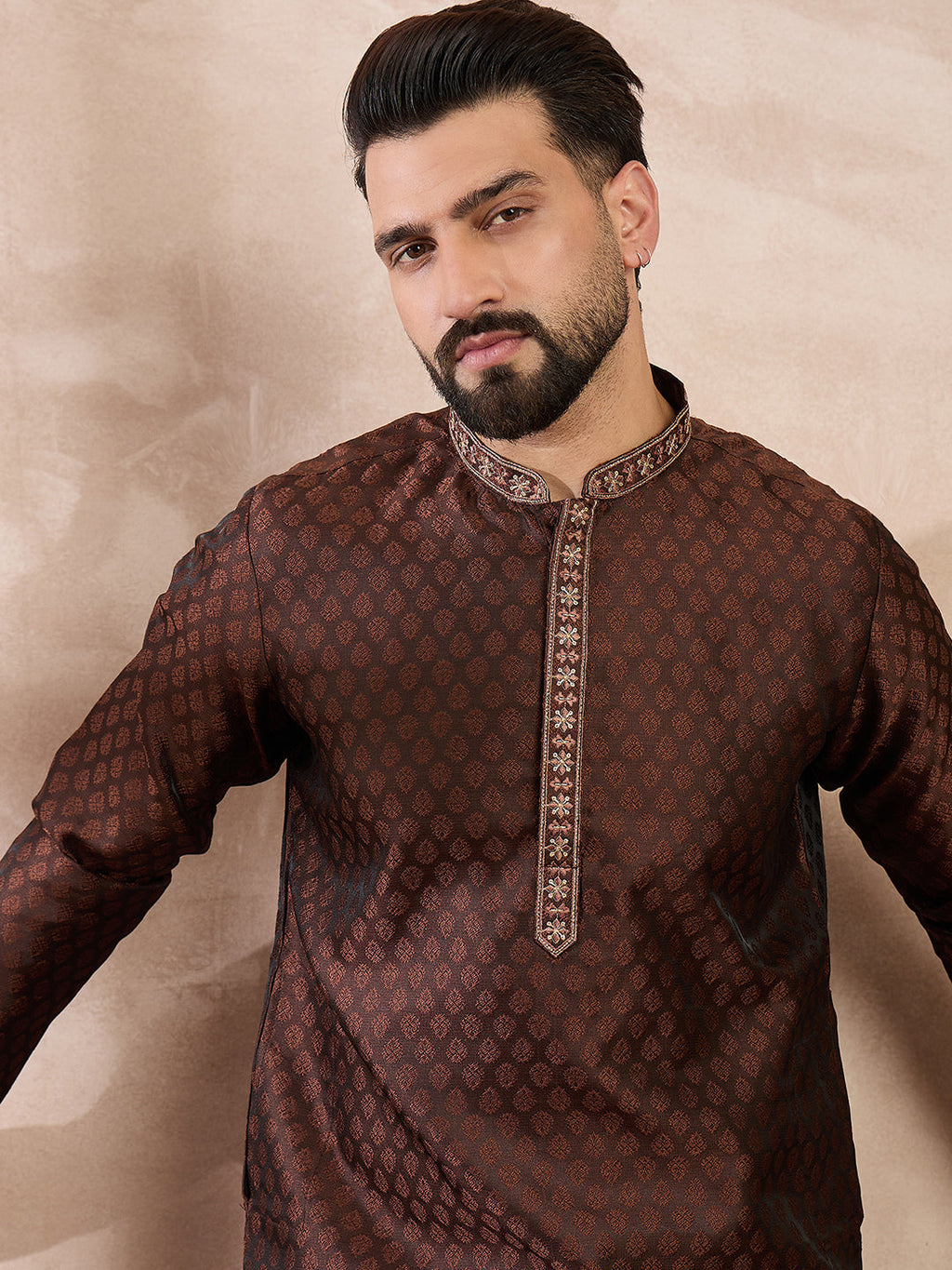 Men Brown Silk Blend Solid Woven Design Straight Kurta With Trouser-MKSET1855