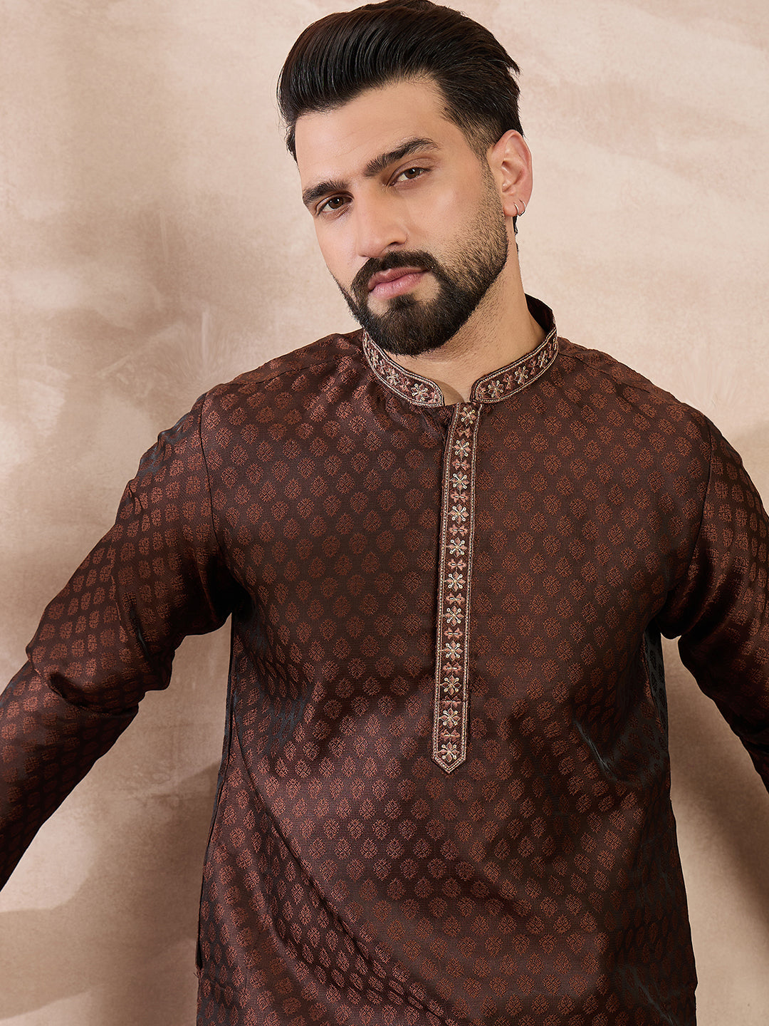 Men Brown Silk Blend Solid Woven Design Straight Kurta With Trouser-MKSET1855
