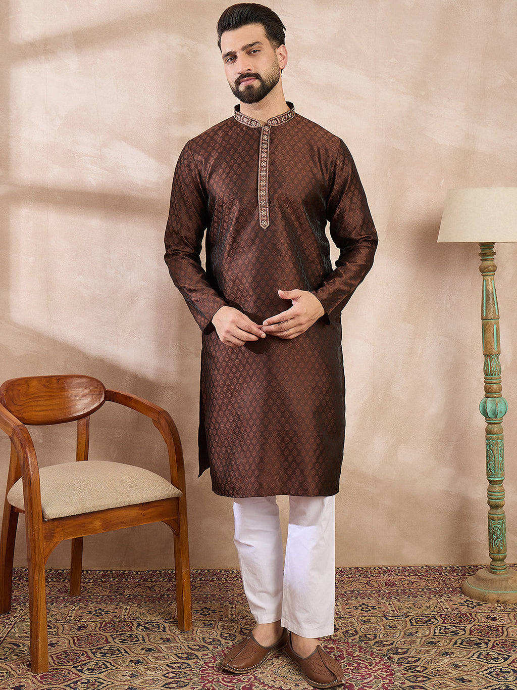 Men Brown Silk Blend Solid Woven Design Straight Kurta With Trouser-MKSET1855