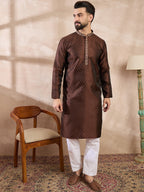 Men Brown Silk Blend Solid Woven Design Straight Kurta With Trouser-MKSET1855
