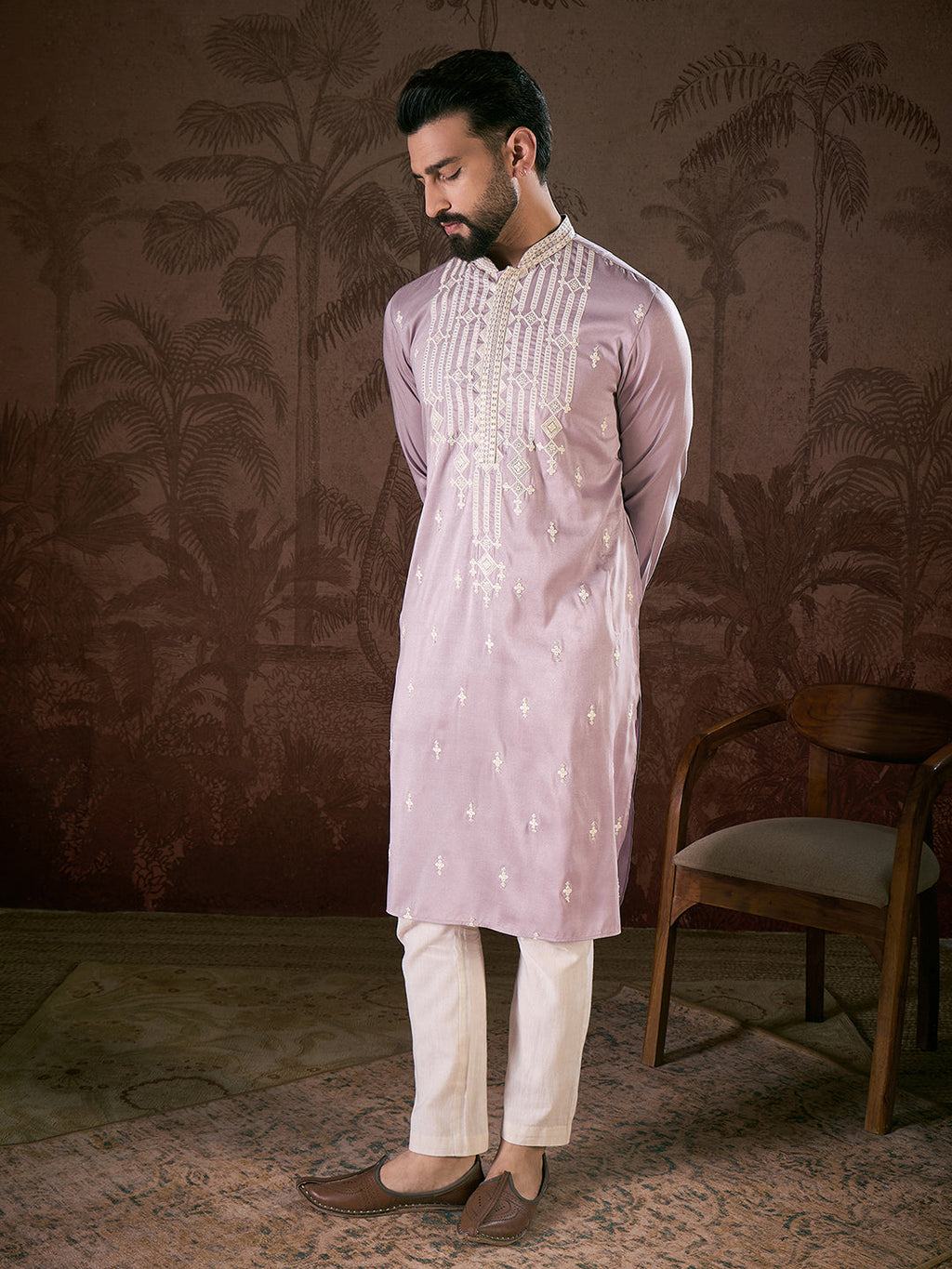 Men Lavender Silk Blend Solid Embroidered Straight Kurta With Trouser-MKSET1880
