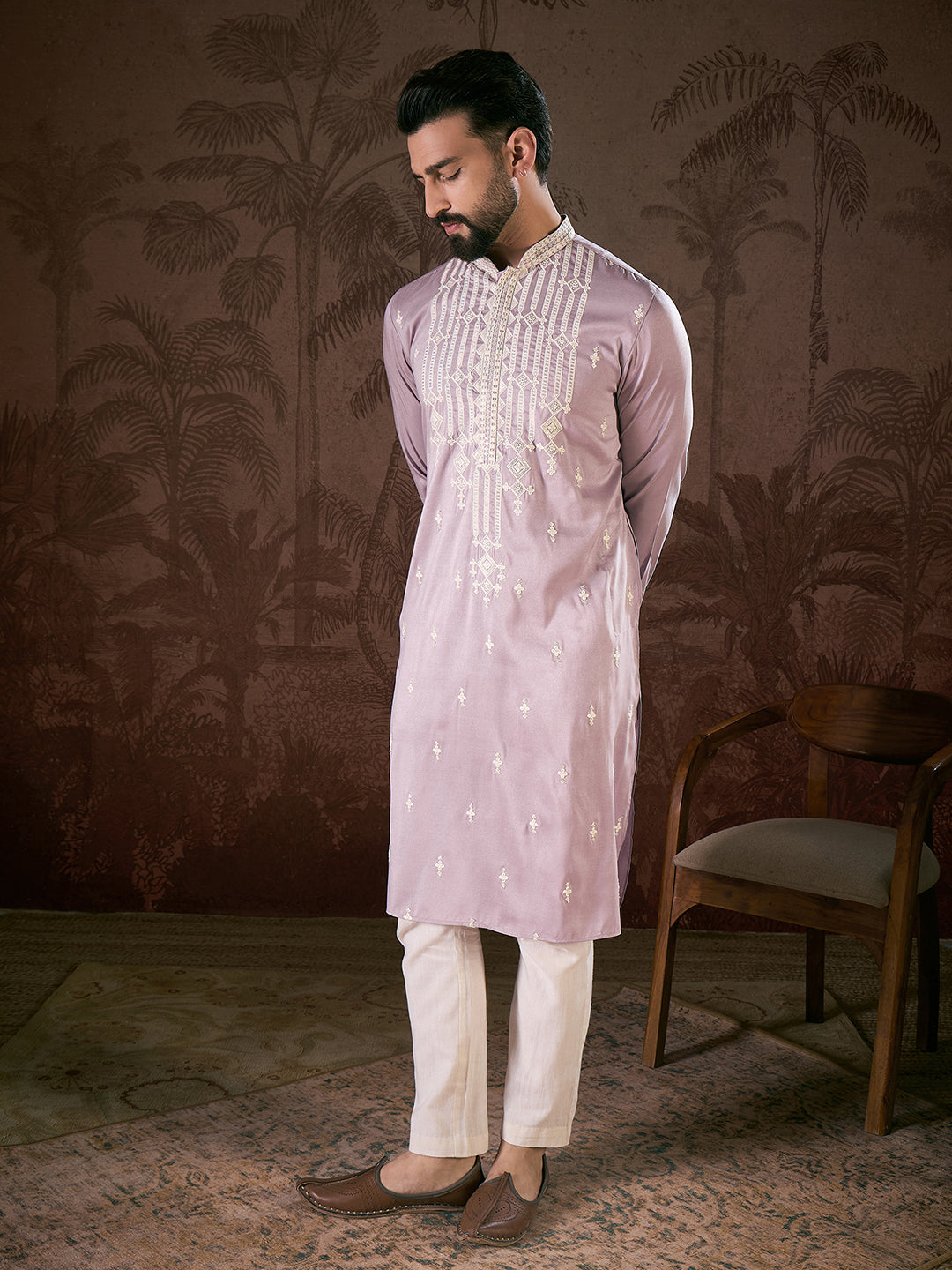 Men Lavender Silk Blend Solid Embroidered Straight Kurta With Trouser-MKSET1880