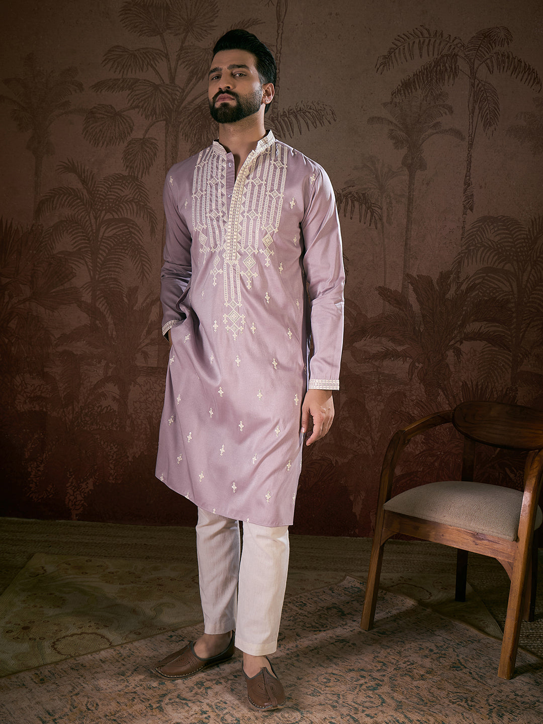 Men Lavender Silk Blend Solid Embroidered Straight Kurta With Trouser-MKSET1880