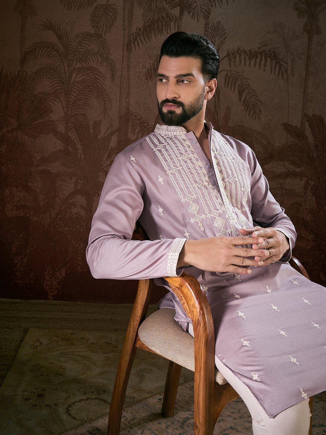 Men Lavender Silk Blend Solid Embroidered Straight Kurta With Trouser-MKSET1880