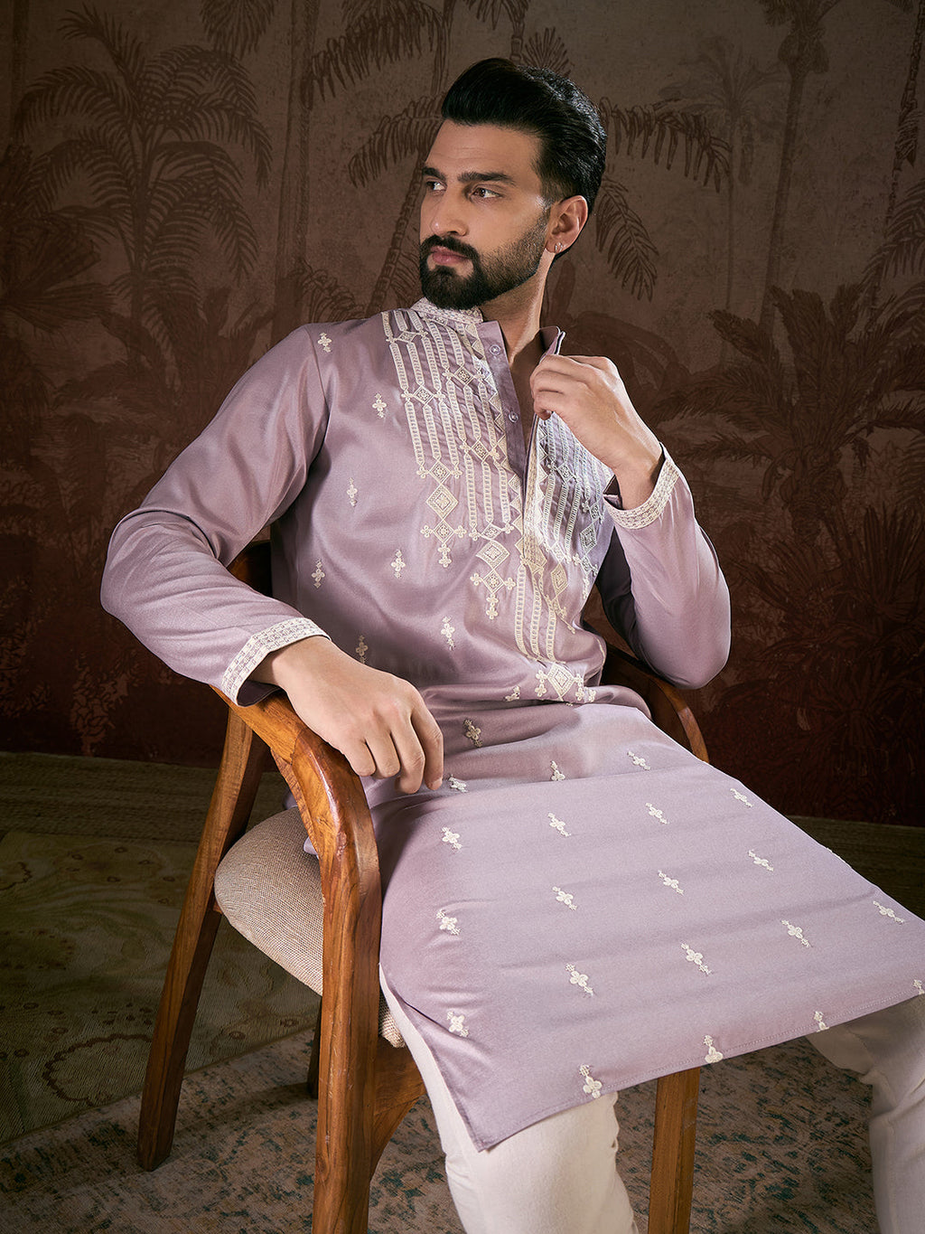Men Lavender Silk Blend Solid Embroidered Straight Kurta With Trouser-MKSET1880