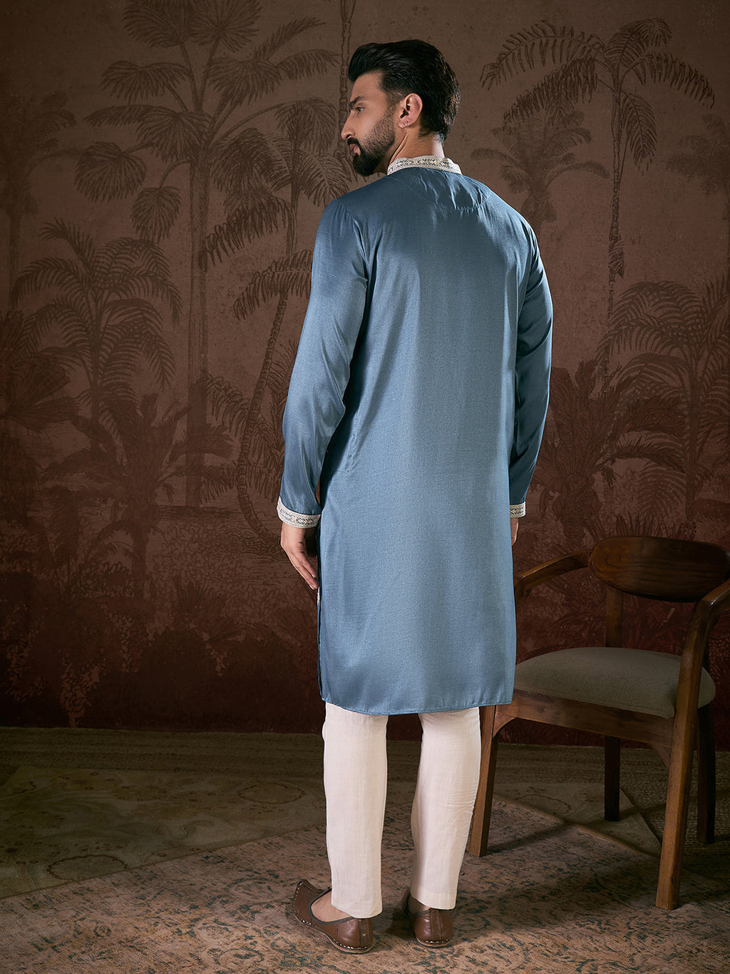 Men Blue Silk Blend Solid Embroidered Straight Kurta With Trouser-MKSET1881