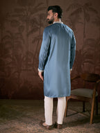 Men Blue Silk Blend Solid Embroidered Straight Kurta With Trouser-MKSET1881
