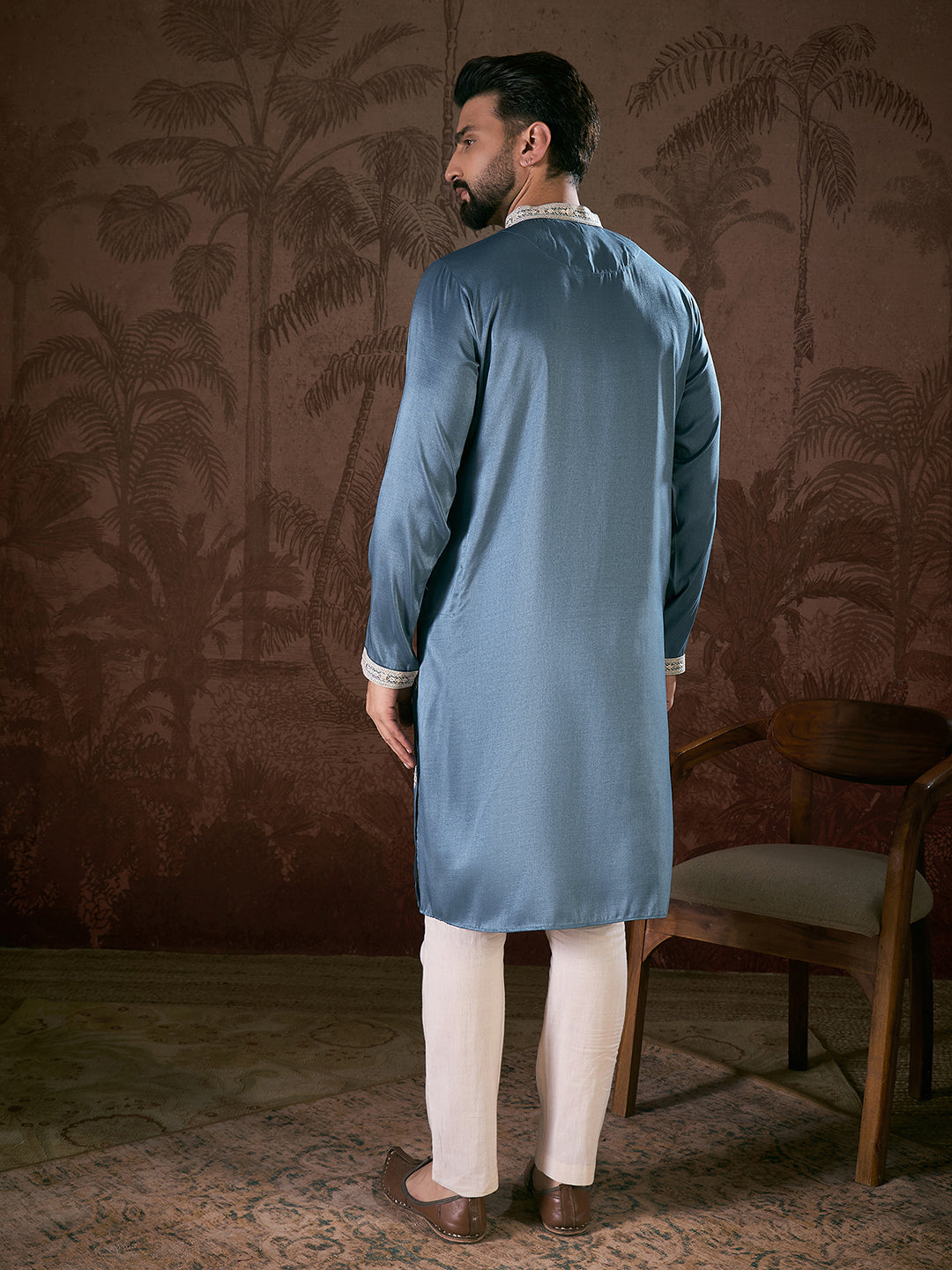 Men Blue Silk Blend Solid Embroidered Straight Kurta With Trouser-MKSET1881