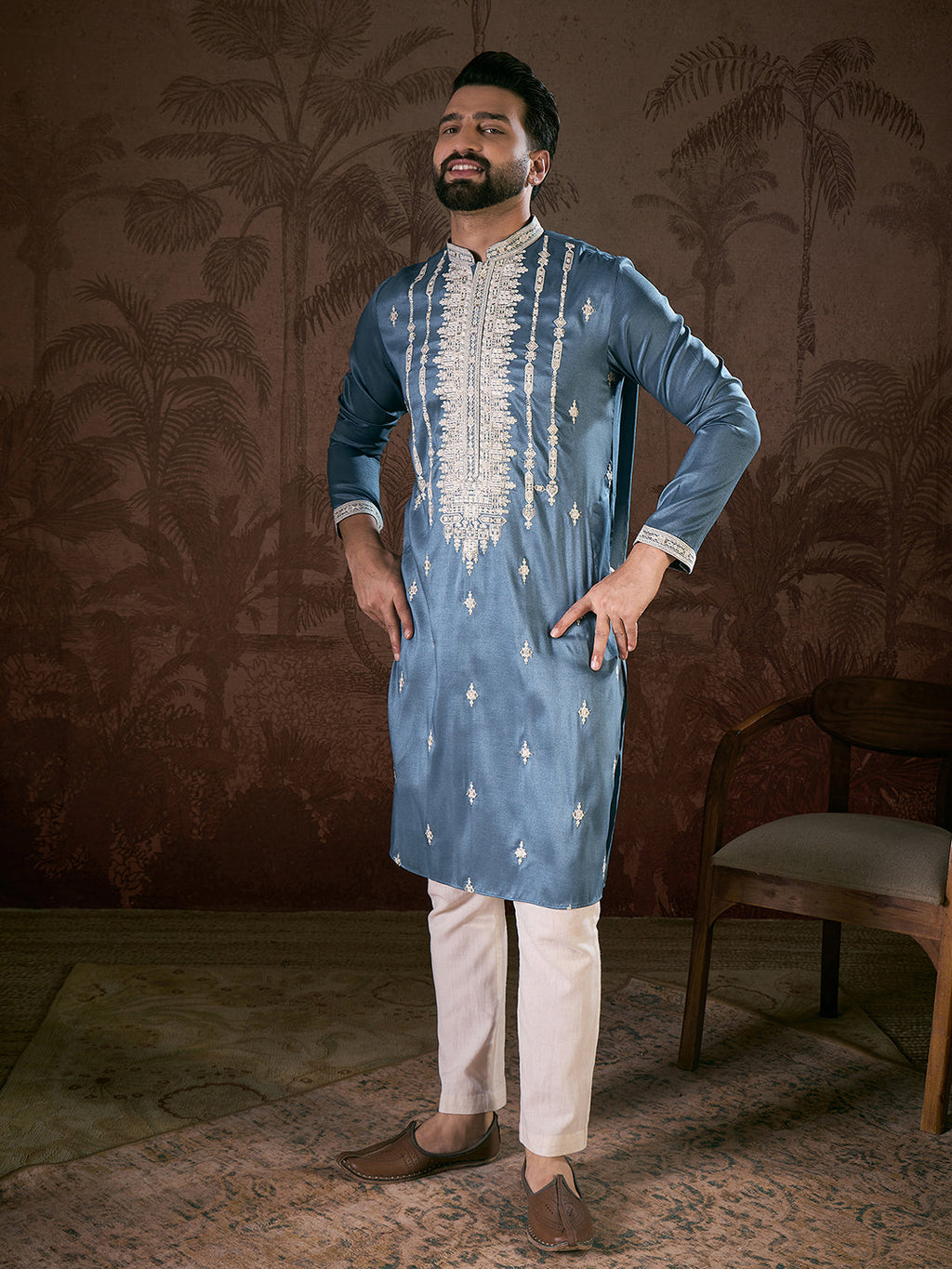 Men Blue Silk Blend Solid Embroidered Straight Kurta With Trouser-MKSET1881
