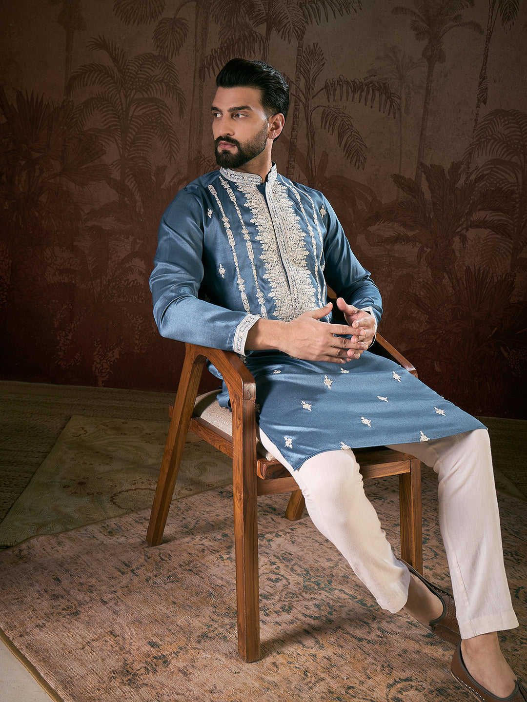 Men Blue Silk Blend Solid Embroidered Straight Kurta With Trouser-MKSET1881