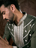 Men Green Silk Blend Solid Embroidered Straight Kurta With Trouser-MKSET1882