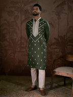 Men Green Silk Blend Solid Embroidered Straight Kurta With Trouser-MKSET1882