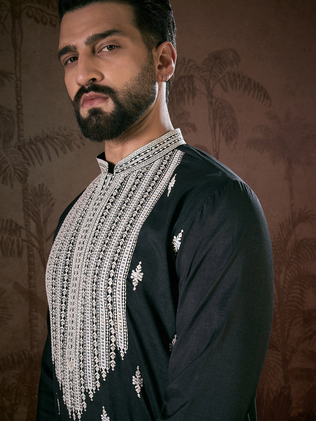 Men Black Silk Blend Solid Embroidered Straight Kurta With Trouser-MKSET1883