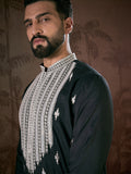 Men Black Silk Blend Solid Embroidered Straight Kurta With Trouser-MKSET1883