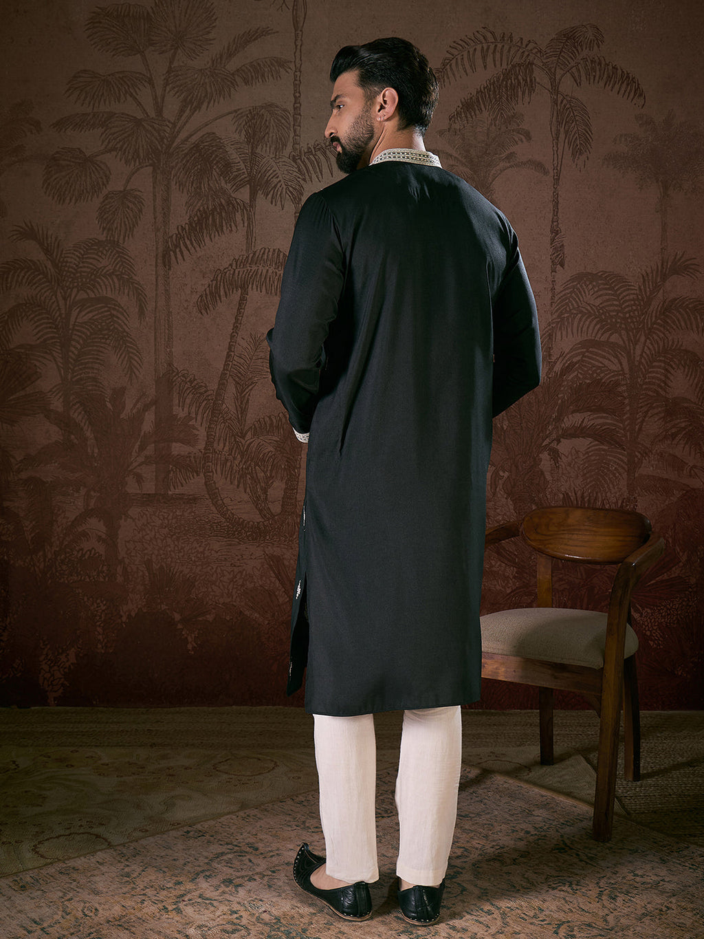 Men Black Silk Blend Solid Embroidered Straight Kurta With Trouser-MKSET1883