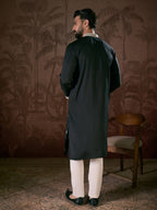 Men Black Silk Blend Solid Embroidered Straight Kurta With Trouser-MKSET1883