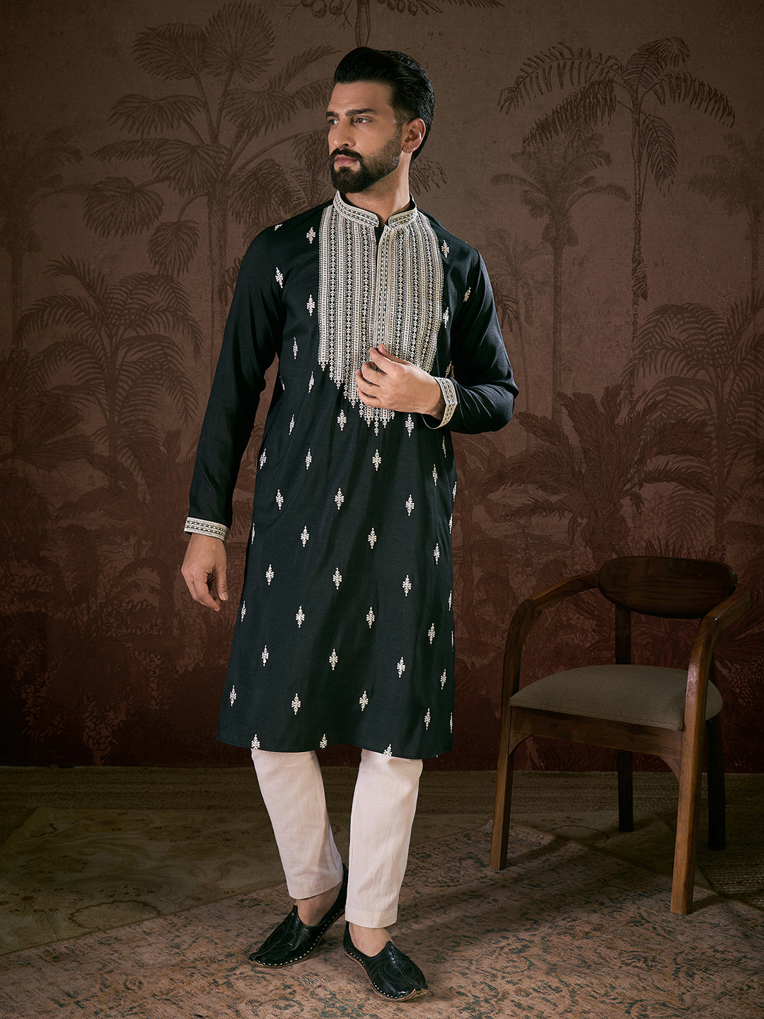 Men Black Silk Blend Solid Embroidered Straight Kurta With Trouser-MKSET1883