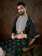 Men Black Silk Blend Solid Embroidered Straight Kurta With Trouser-MKSET1883