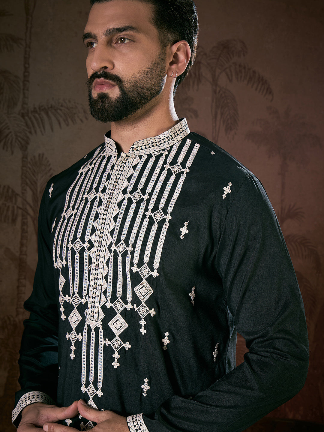 Men Black Silk Blend Solid Embroidered Straight Kurta With Trouser-MKSET1885