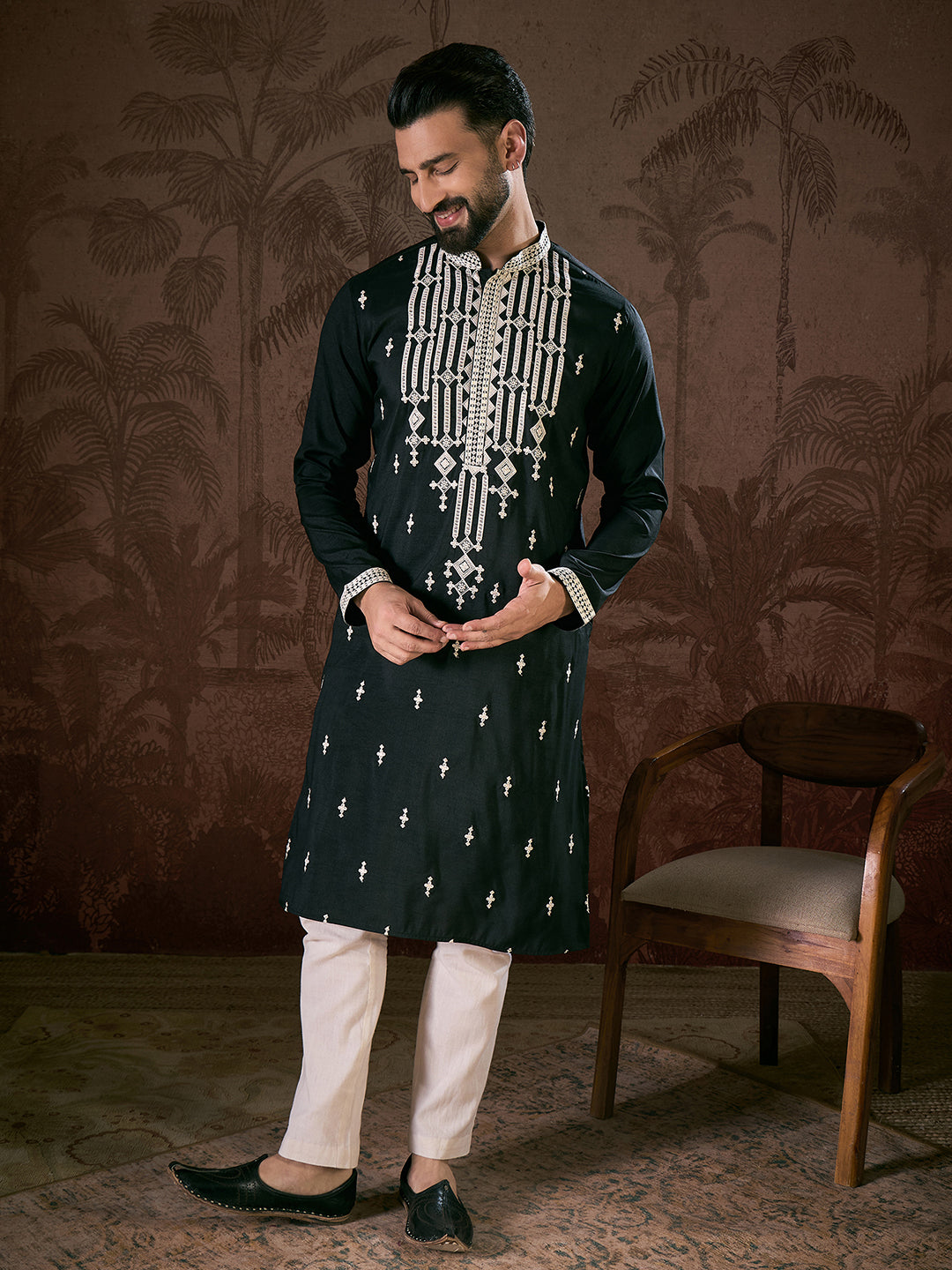 Men Black Silk Blend Solid Embroidered Straight Kurta With Trouser-MKSET1885