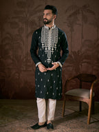 Men Black Silk Blend Solid Embroidered Straight Kurta With Trouser-MKSET1885
