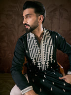 Men Black Silk Blend Solid Embroidered Straight Kurta With Trouser-MKSET1885