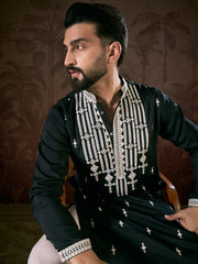Men Black Silk Blend Solid Embroidered Straight Kurta With Trouser-MKSET1885