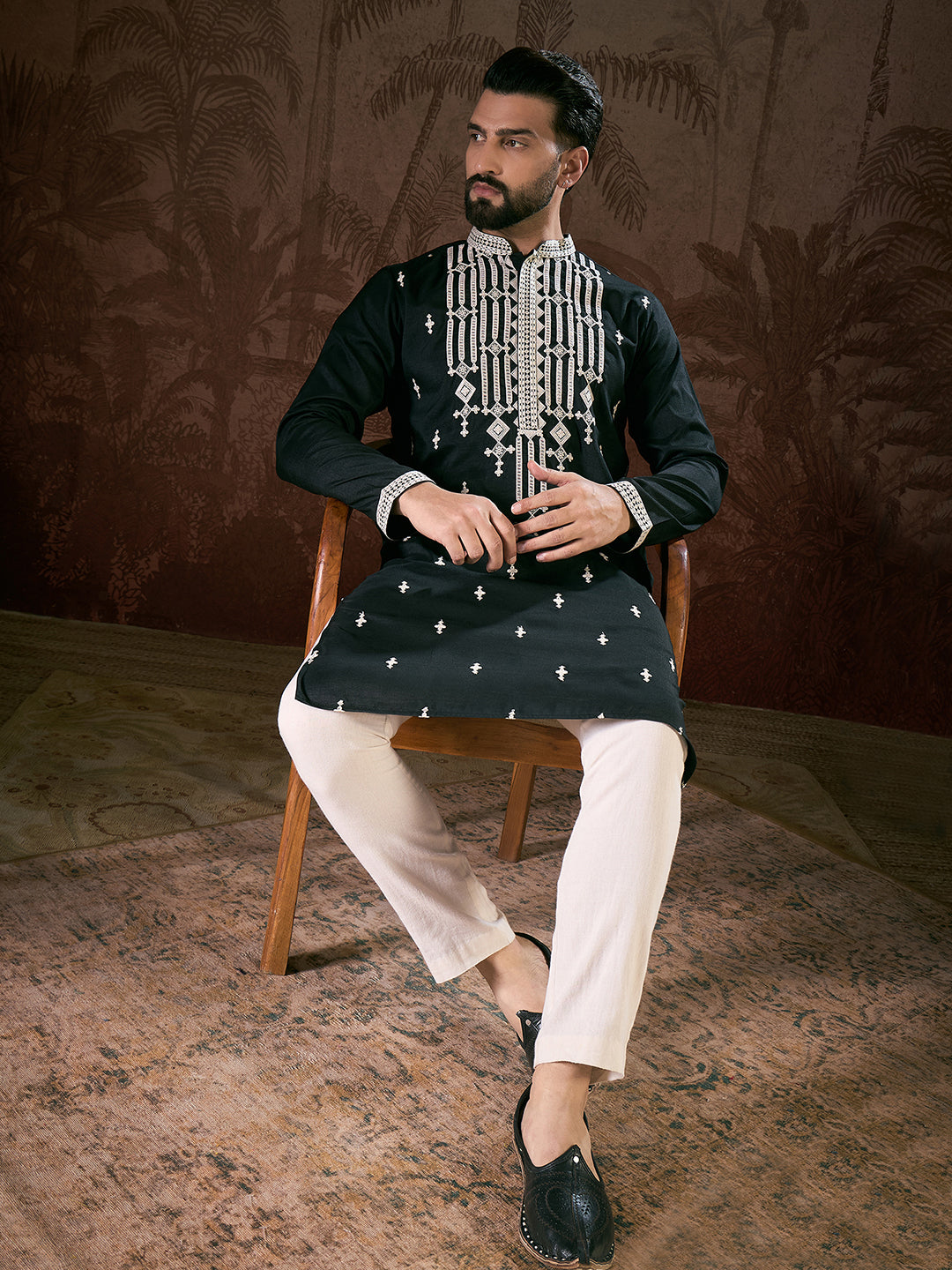Men Black Silk Blend Solid Embroidered Straight Kurta With Trouser-MKSET1885