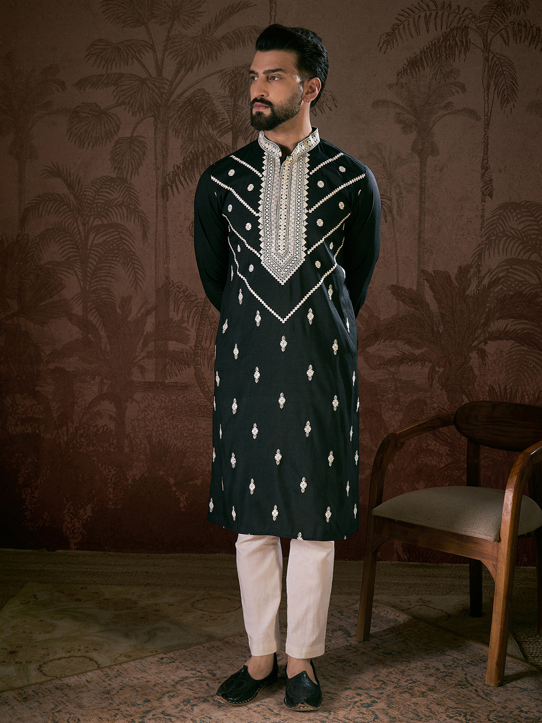 Men Black Silk Blend Solid Embroidered Straight Kurta With Trouser-MKSET1886
