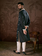 Men Black Silk Blend Solid Embroidered Straight Kurta With Trouser-MKSET1886