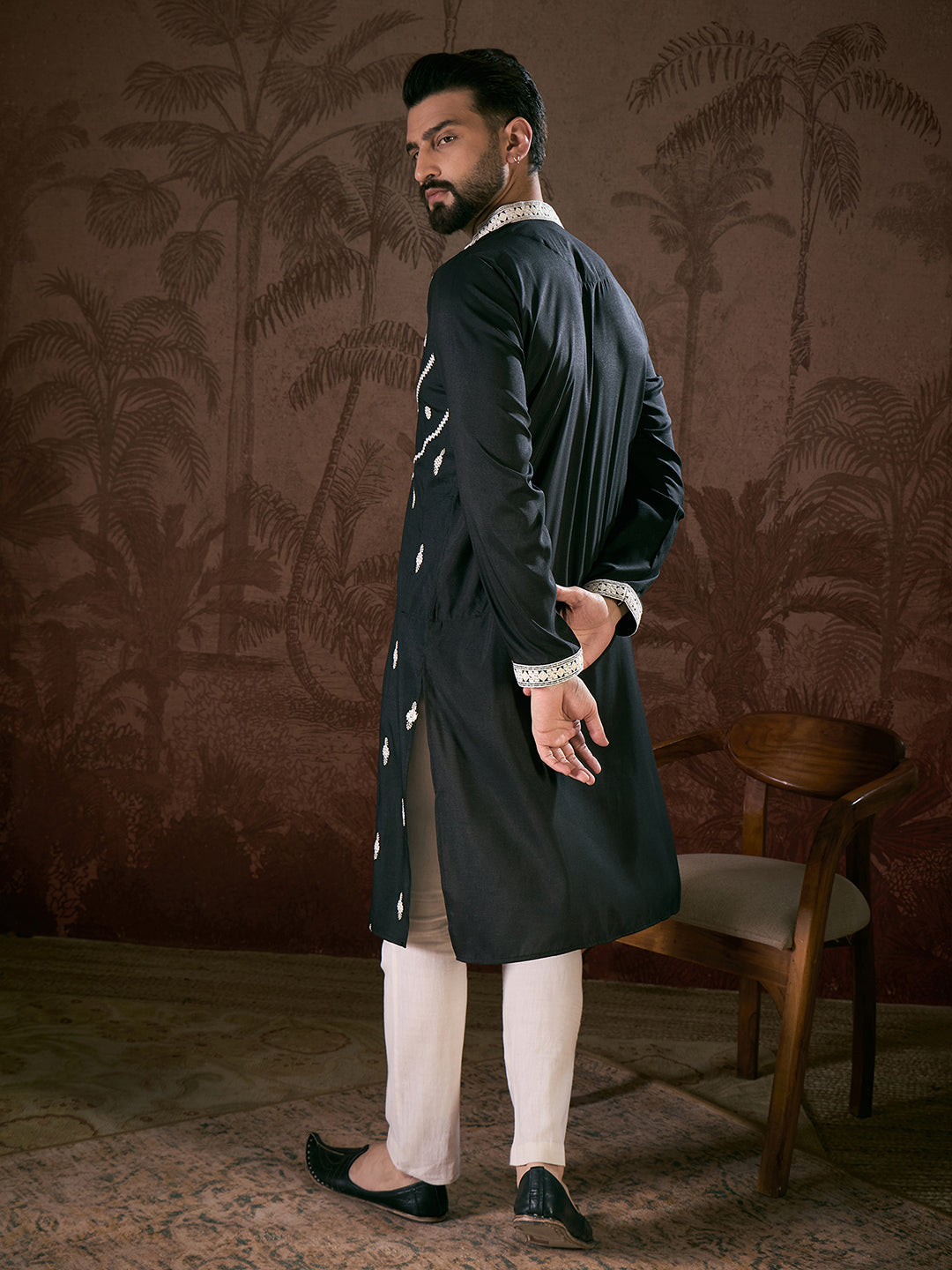 Men Black Silk Blend Solid Embroidered Straight Kurta With Trouser-MKSET1886