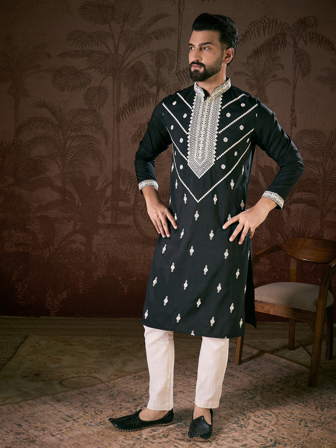 Men Black Silk Blend Solid Embroidered Straight Kurta With Trouser-MKSET1886