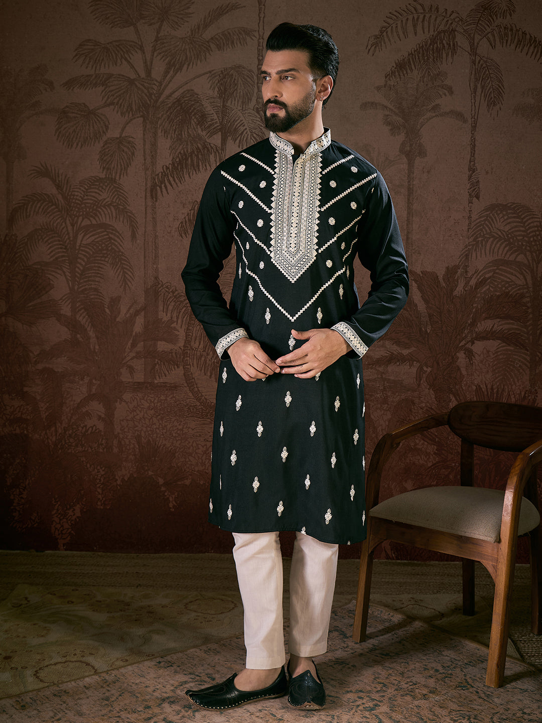 Men Black Silk Blend Solid Embroidered Straight Kurta With Trouser-MKSET1886