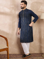 Men Blue Silk Blend Geometric Embroidered Straight Kurta With Trouser-MKSET1890