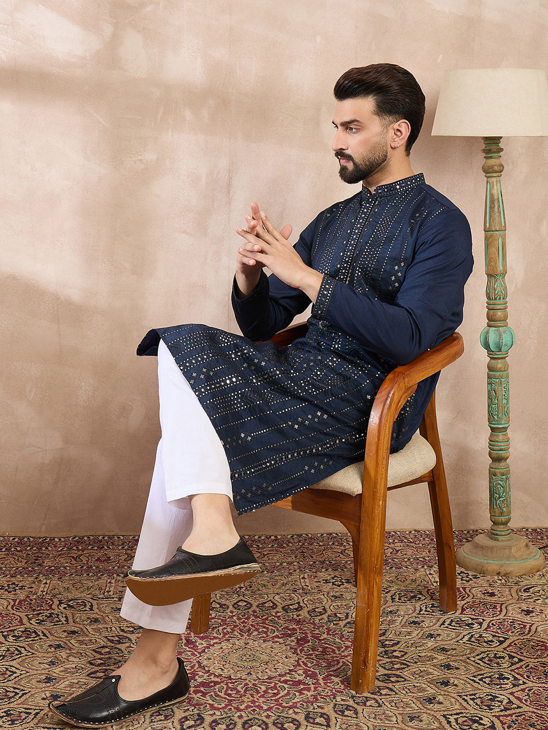 Men Blue Silk Blend Geometric Embroidered Straight Kurta With Trouser-MKSET1890