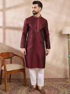 Men Maroon Silk Blend Solid Woven Design Straight Kurta With Trouser-MKSET1896
