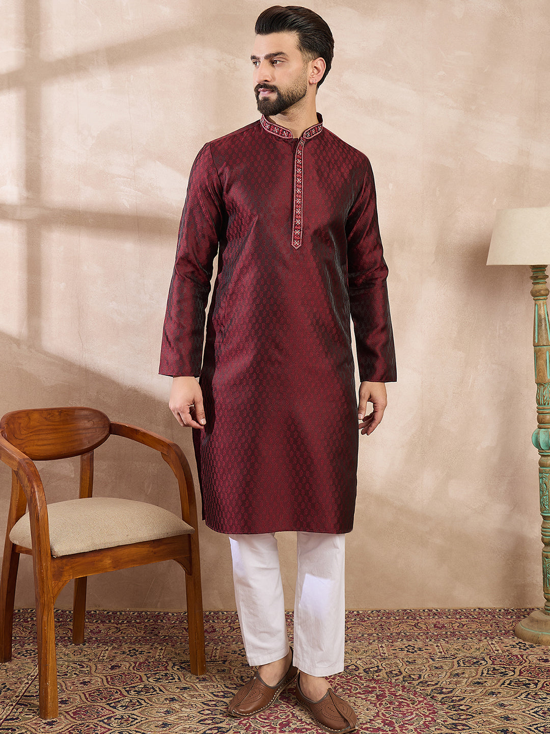 Men Maroon Silk Blend Solid Woven Design Straight Kurta With Trouser-MKSET1896