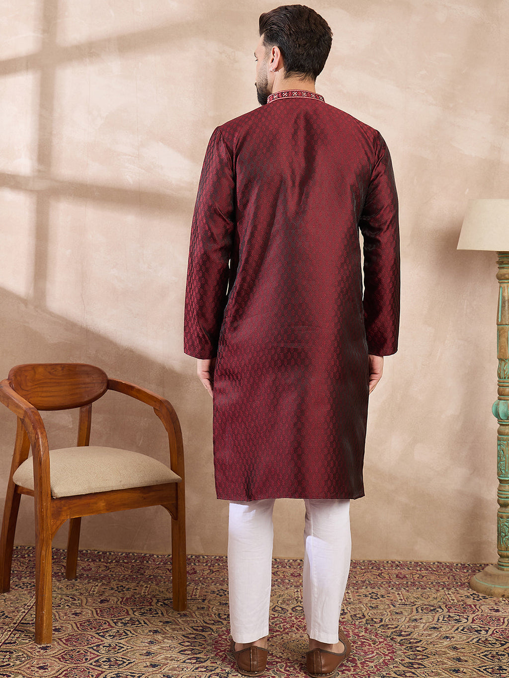 Men Maroon Silk Blend Solid Woven Design Straight Kurta With Trouser-MKSET1896