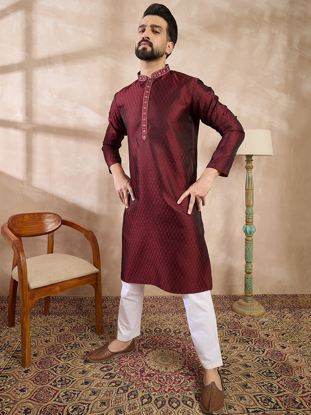 Men Maroon Silk Blend Solid Woven Design Straight Kurta With Trouser-MKSET1896