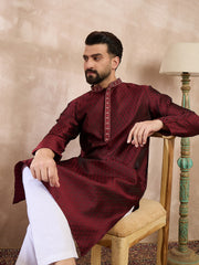 Men Maroon Silk Blend Solid Woven Design Straight Kurta With Trouser-MKSET1896