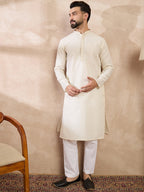 Men Off White Silk Blend Solid Woven Design Straight Kurta With Trouser-MKSET1897