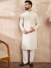 Men Off White Silk Blend Solid Woven Design Straight Kurta With Trouser-MKSET1897