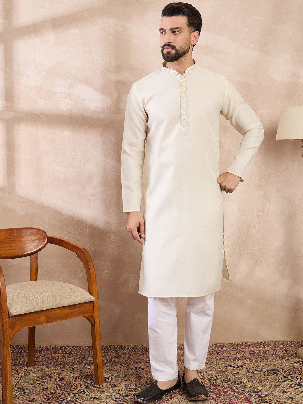 Men Off White Silk Blend Solid Woven Design Straight Kurta With Trouser-MKSET1897