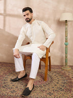 Men Off White Silk Blend Solid Woven Design Straight Kurta With Trouser-MKSET1897